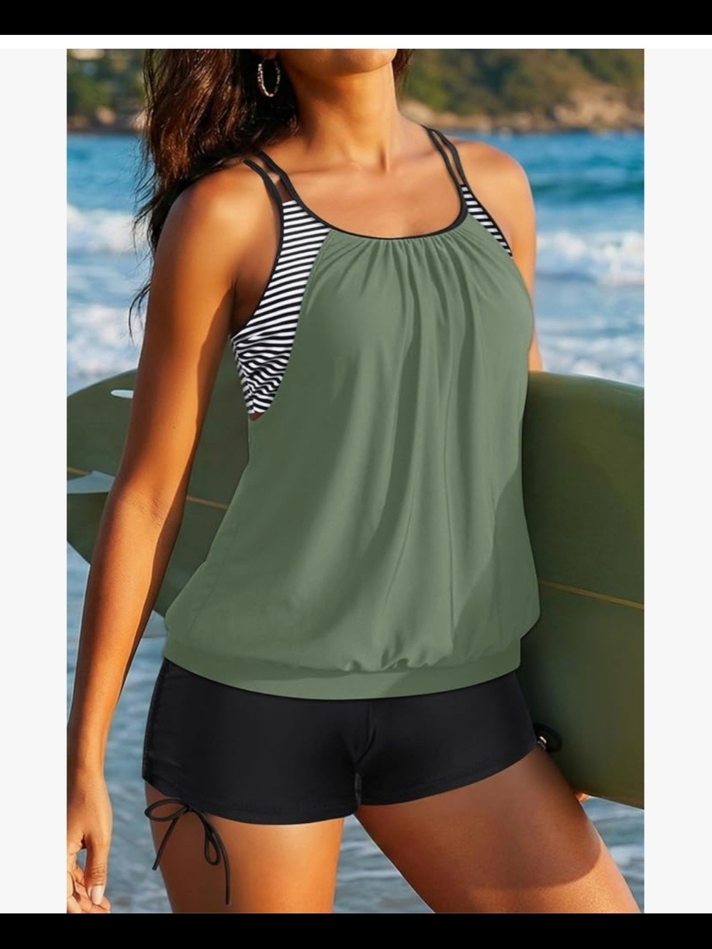 Holipick Tankini Set - Army Green/Striped Multi-Strap Top & Black Boyshorts, XL - Picture 2 of 10